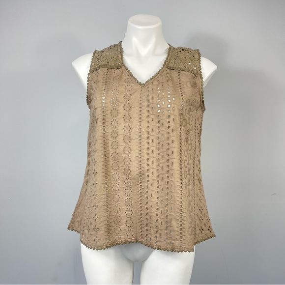 JOIE Tan Eyelet Crochet Sleeveless Blouse NWT S V-Neck Cotton Tank Top $98 - Picture 4 of 14